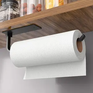 Paper Towel Holder - Self-Adhesive or Drilling, Matte Black, Upgraded Aluminum Kitchen Roll Dispenser Under Cabinet