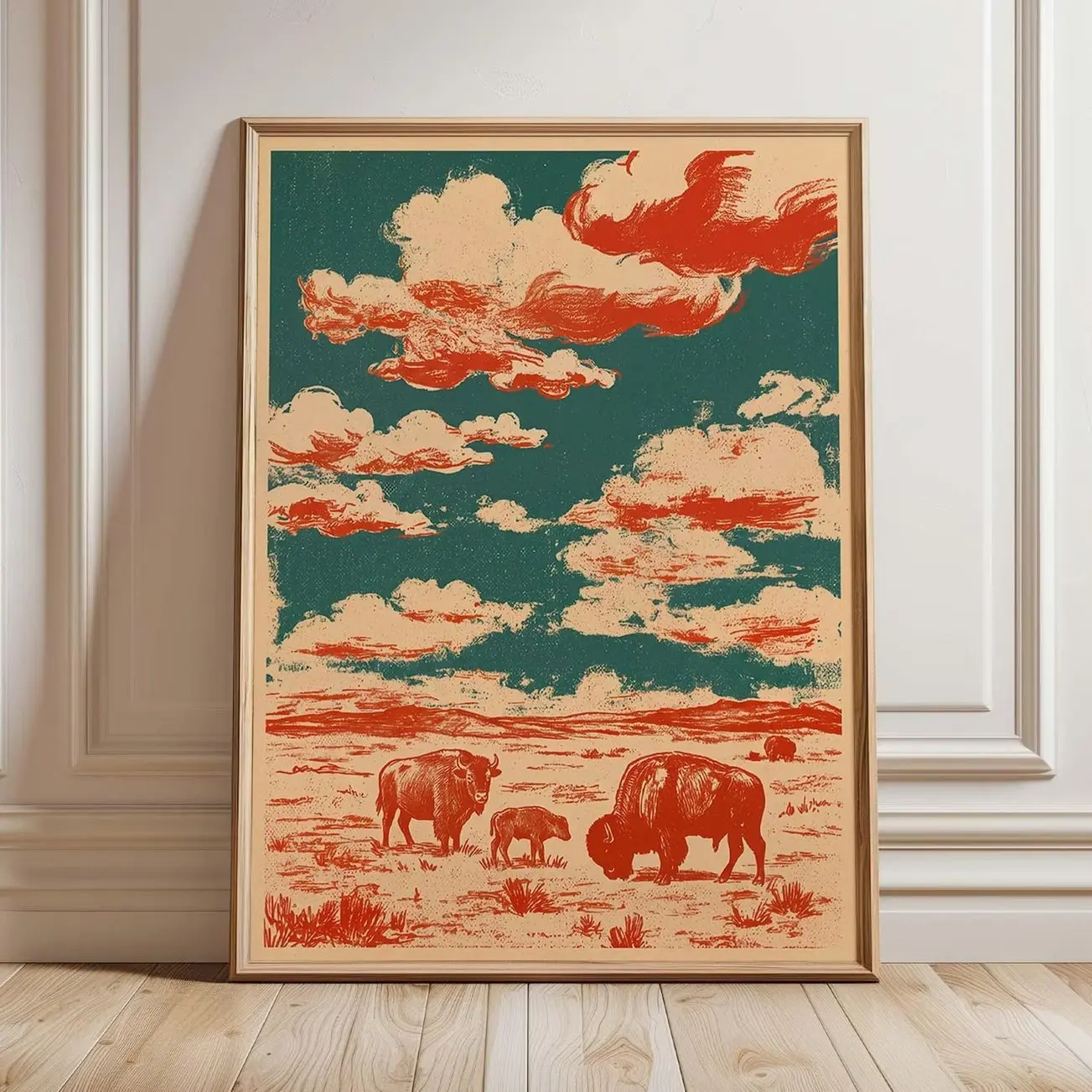 Vintage Bison Wall Art, Retro Western Buffalo Poster, Desert Landscape Print, Rustic Wildlife Home Decor | Framless Poster 9