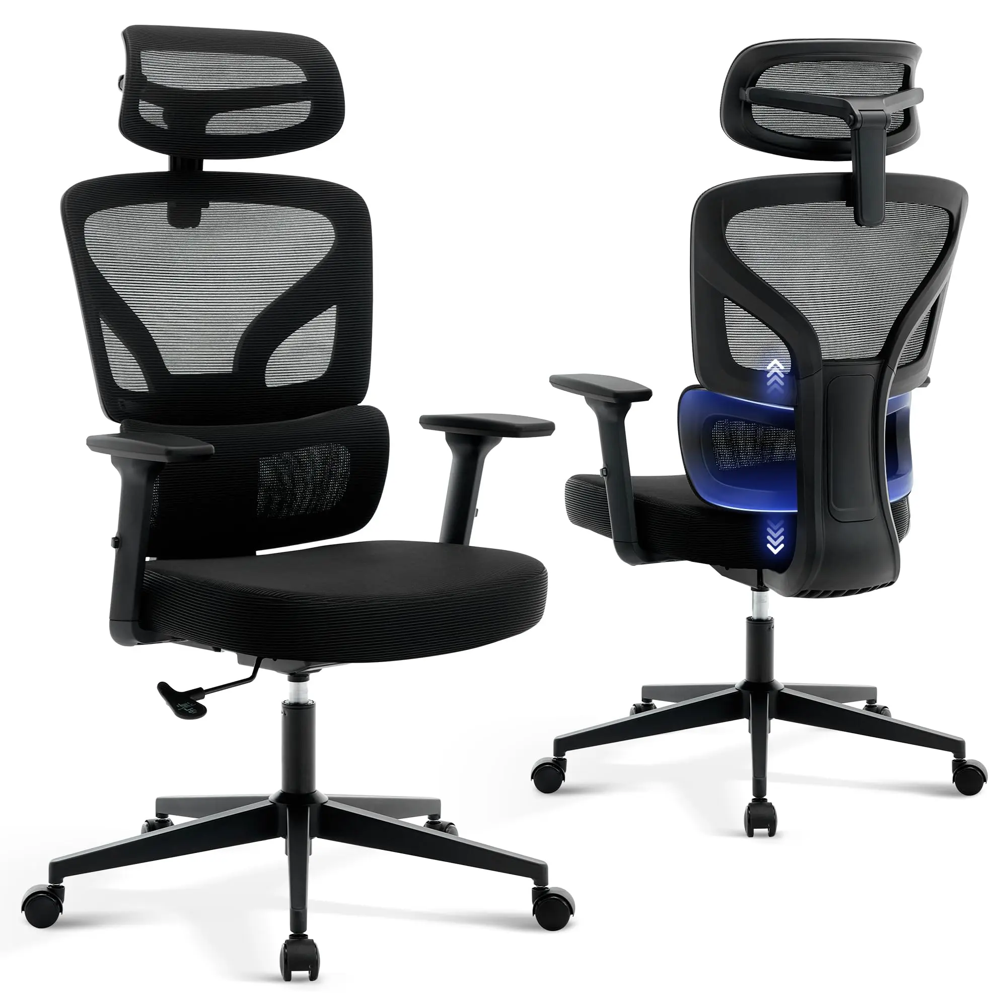 Ergonomic High-Back Mesh Office Chair - Adjustable Lumbar Support, 3D Armrests, Headrest, Rolling Swivel Computer Desk Chair for Home Office - Heavy-Duty, Quick Setup, Black