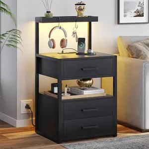 Sikaic LED Nightstand With Charging Station 2 USB Ports And 2 AC Outlets And 3 Drawers Open Storage Led Nightstand Shelf Modern Desk Bedroom Set Bedside Cabinet Lighted Vanity Table End Table