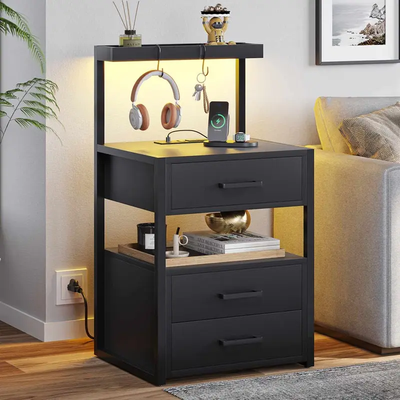 Sikaic LED Nightstand With Charging Station 2 USB Ports And 2 AC Outlets And 3 Drawers Open Storage Led Nightstand Shelf Modern Desk Bedroom Set Bedsi