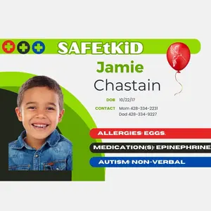 SAFEtKiD Emergency Card for Children - Emergency Contact Identification Card for Allergies, Asthma, IEPs, Non-Verbal