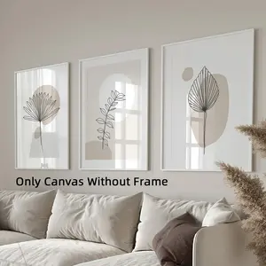 3Pcs/Set Unframed Modern Minimalist Botanical Canvas Poster,  Neutral Wall Art, Aesthetic Room Decor, Artwork Wall Painting For Gift, Natural Wall Decor Living Room, Bedroom, Office, Dorm, Waterproof Canvas, Home And Dormitory Decoration