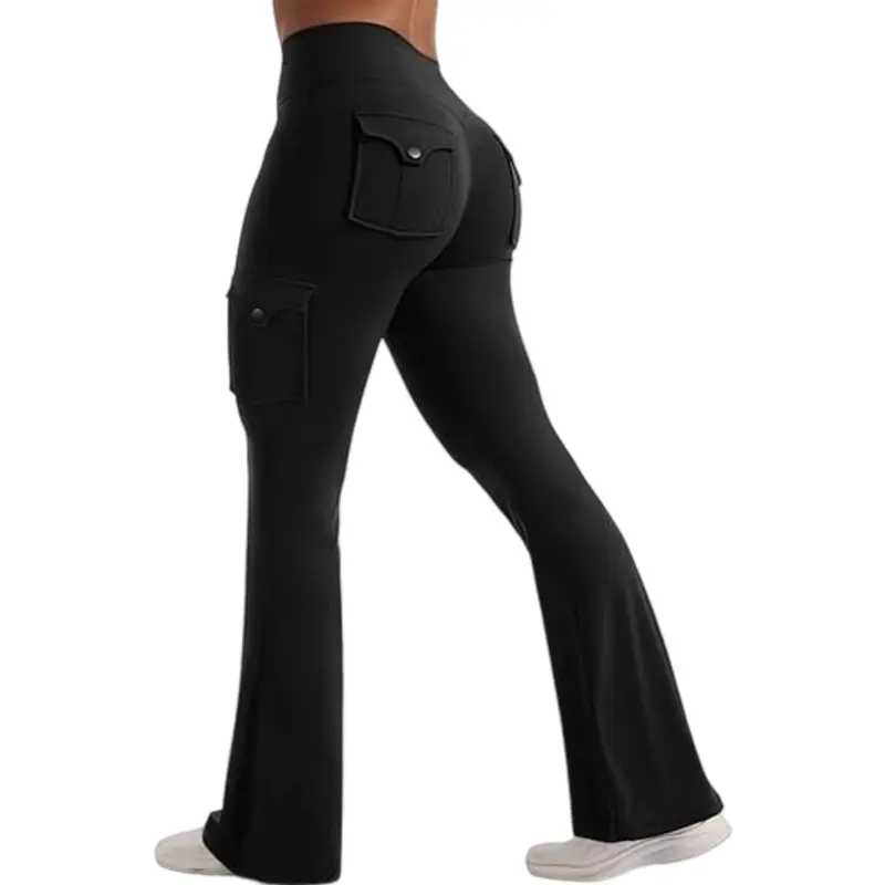 Flamingals Cargo Pocket Hidden Scrunch High Rise Flare Leggings Womenswear Stretchy 31.5" Inseam