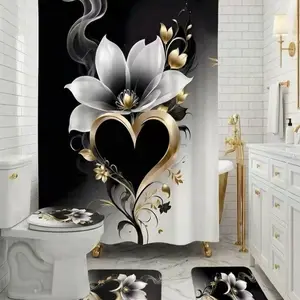 4Pcs Shower Curtain Set Black Gold White Floral Heart Bathroom Sets with Rugs, Valentine’s Day & Anniversary Gift Bathroom Decor, Elegant Modern Abstract Design White Magnolia Gold Heart and Swirling Vines