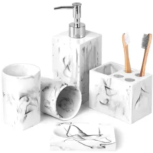 Bathroom Accessories Set, 5 Pcs Marble Look Sets Soap Dispenser & Toothbrush Holder Counter Top Restroom Apartment Decor Stuff, Resin Kits, Gift for Women and Men, Ink White