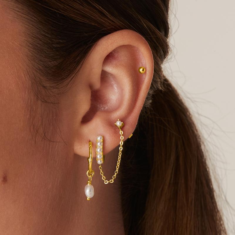 PAVOI 14K Yellow Gold Plated Double Piercing Chain Huggie Earrings Set for Women - Cubic Zirconia Chain Earrings Pack - TikTok Set