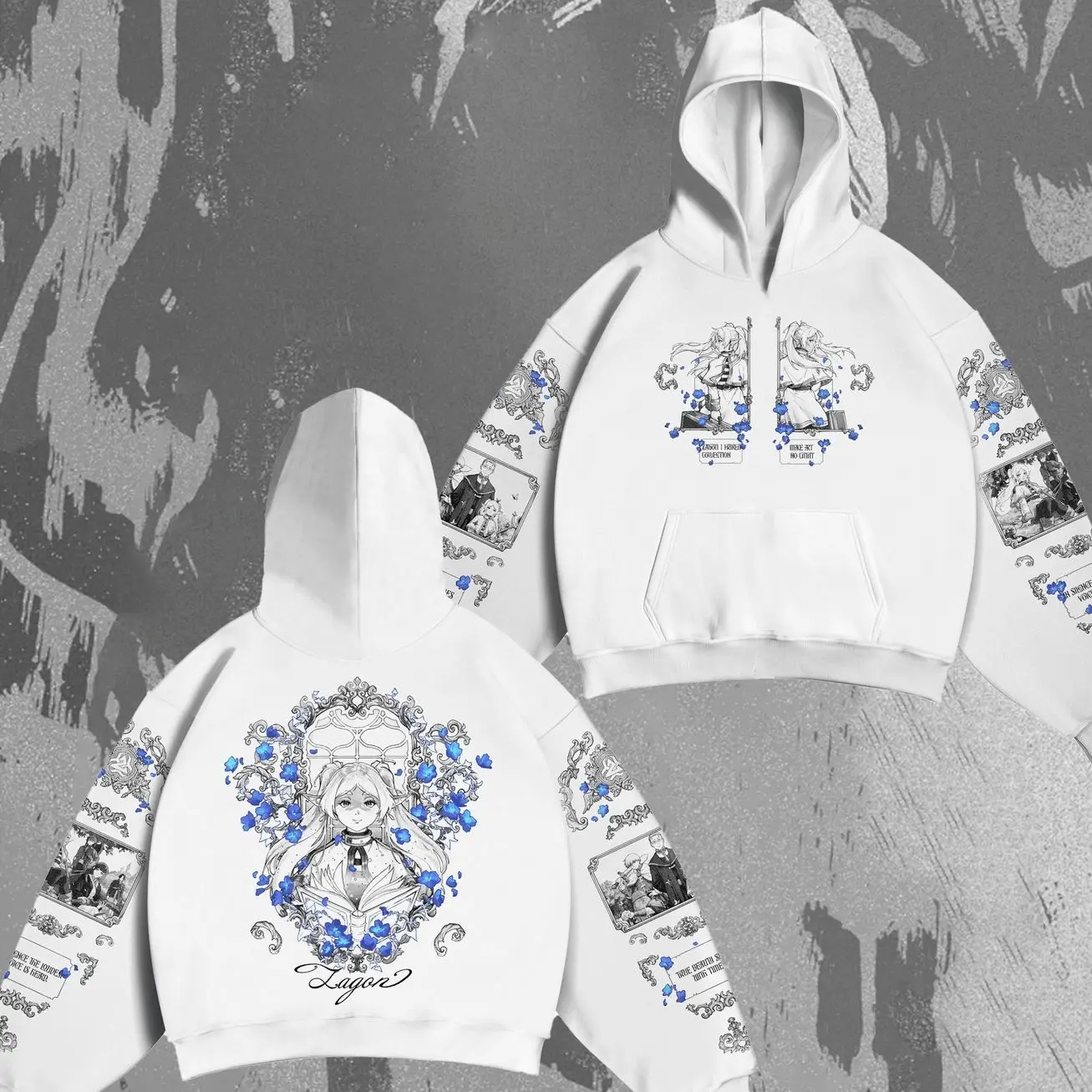 Frieren Anime Hoodie – Beyond Journey’s End Hoodie, Elegant Blue Floral Fantasy Art Graphic Streetwear Pullover 7