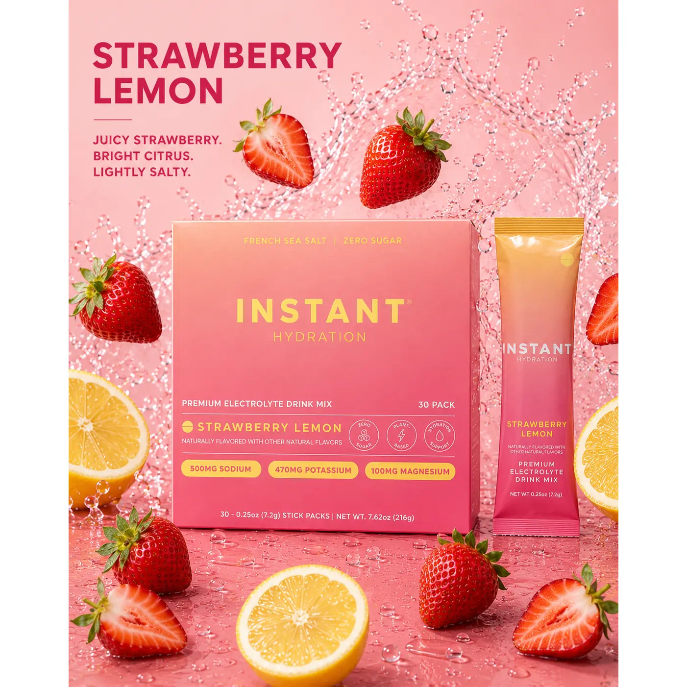 Instant Hydration - Strawberry Lemon- Organic Daily Premium Salt Electrolyte Drink Mix Sticks- 30pk - Zero Sugar Drink Mix Packets Assorted Fruit Flavors, Mineral Algae-Sourced Calcium, Magnesium, Potassium