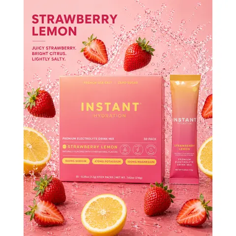 Instant Hydration - Strawberry Lemon- Organic Daily Premium Salt Electrolyte Drink Mix Sticks- 30pk - Zero Sugar Drink Mix Packets Assorted Fruit Flavors, Mineral Algae-Sourced Calcium, Magnesium, Potassium