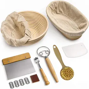 Bread Fermentation Basket Set, 10-Inch Oval Basket, 9-Inch Round Basket, Linen Pads X2, Scraper, Dough Cutter, Bread Knife, Blade Cover