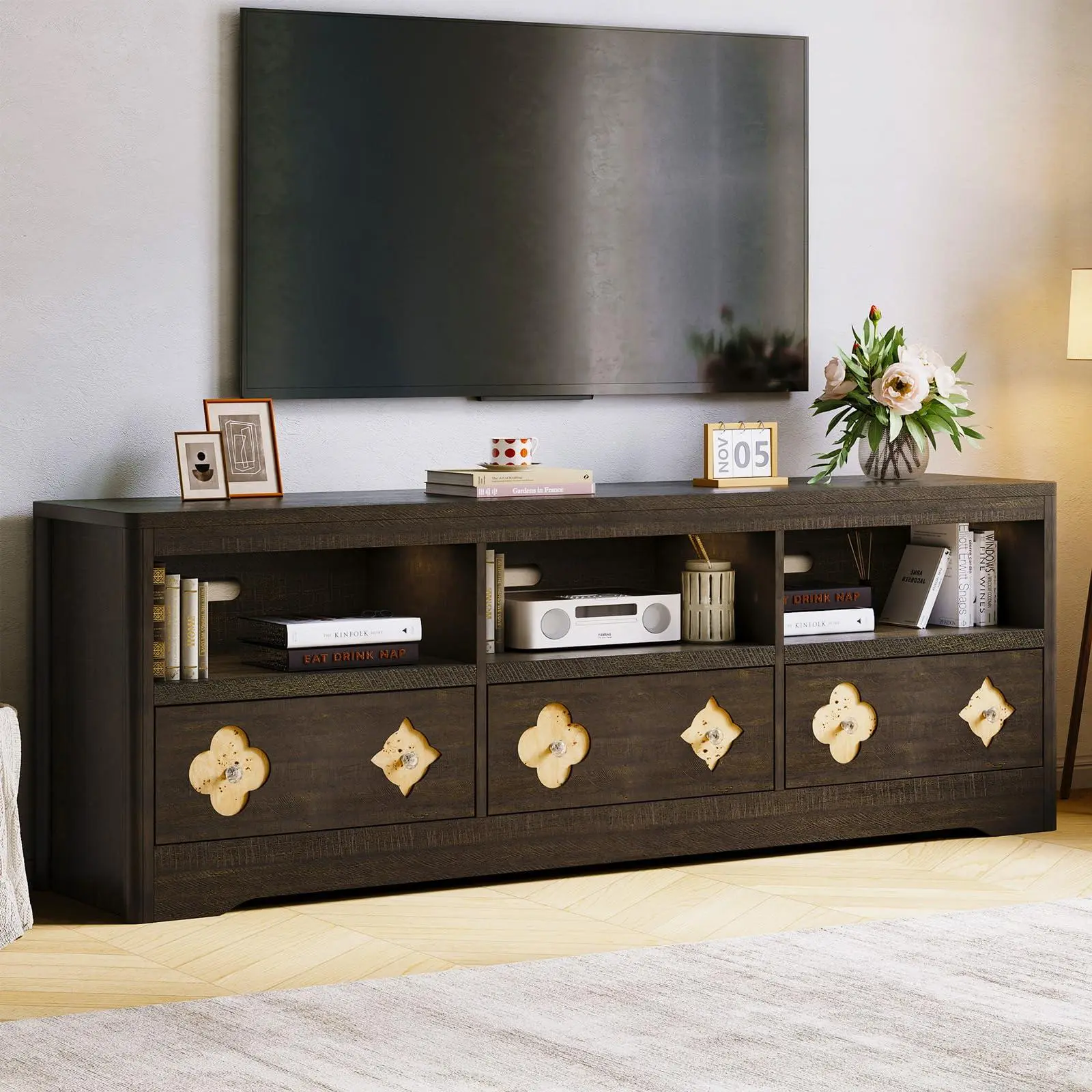 Brown TV Stand for 70-85" TV, Mid Century Modern Entertainment Center with Carved Drawer and Open Storage Shelf, TV Console Media Cabinet Table for Living Room, Bedroom
