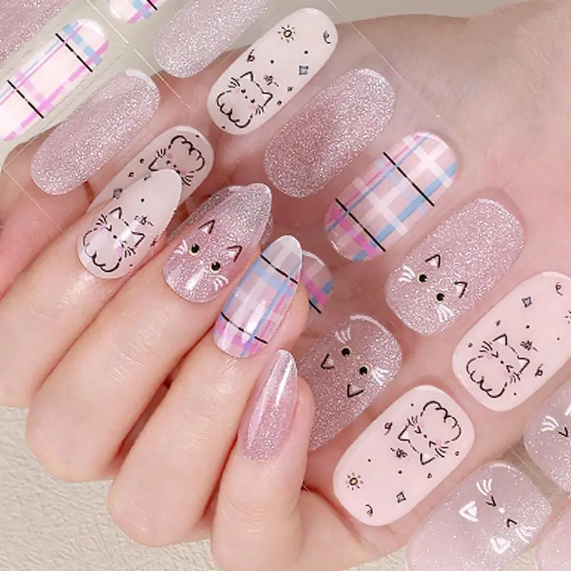 16strips Cartoon UV/LED Semi Cured Gel Nail Strips Pink Glitter Cat Eye Self-Adhesive Gel Nail Wraps Full Cover UV Nail Sticker