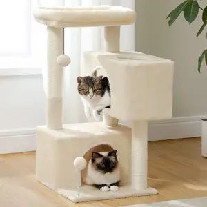 Bi-level cat condo design cat tree tower with top perch and hanging toy ball