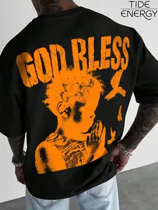 Men's Loose-Fit Crew Neck Short T-Shirt with God Bless Prayer Child and Dove Graphic Print, Breathable Loose Streetwear Top, Ideal for Hip Hop Style and Urban Summer