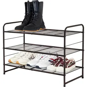 Stackable and expandable shoe rack 3 shelves metal wire utility rack bronze