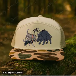 Hog Hunting Trucker Hat, 5/7 Panel Camo Brim Snapback, Catch Dogs vs Wild Boar Embroidered Hat for Men, Outdoor Hunter Style Cap, Country Mesh Back Hat
