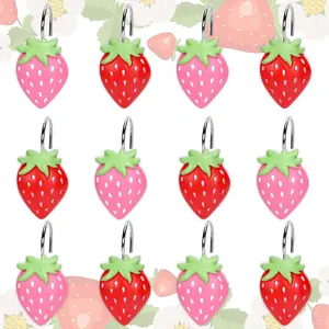 P-BS010  12Pcs Strawberry Shower Curtain Hooks Summer Fruit Curtain Rings Decorative Curtain Hanger Hooks for Living Room Bedroom Bathroom Metal Set