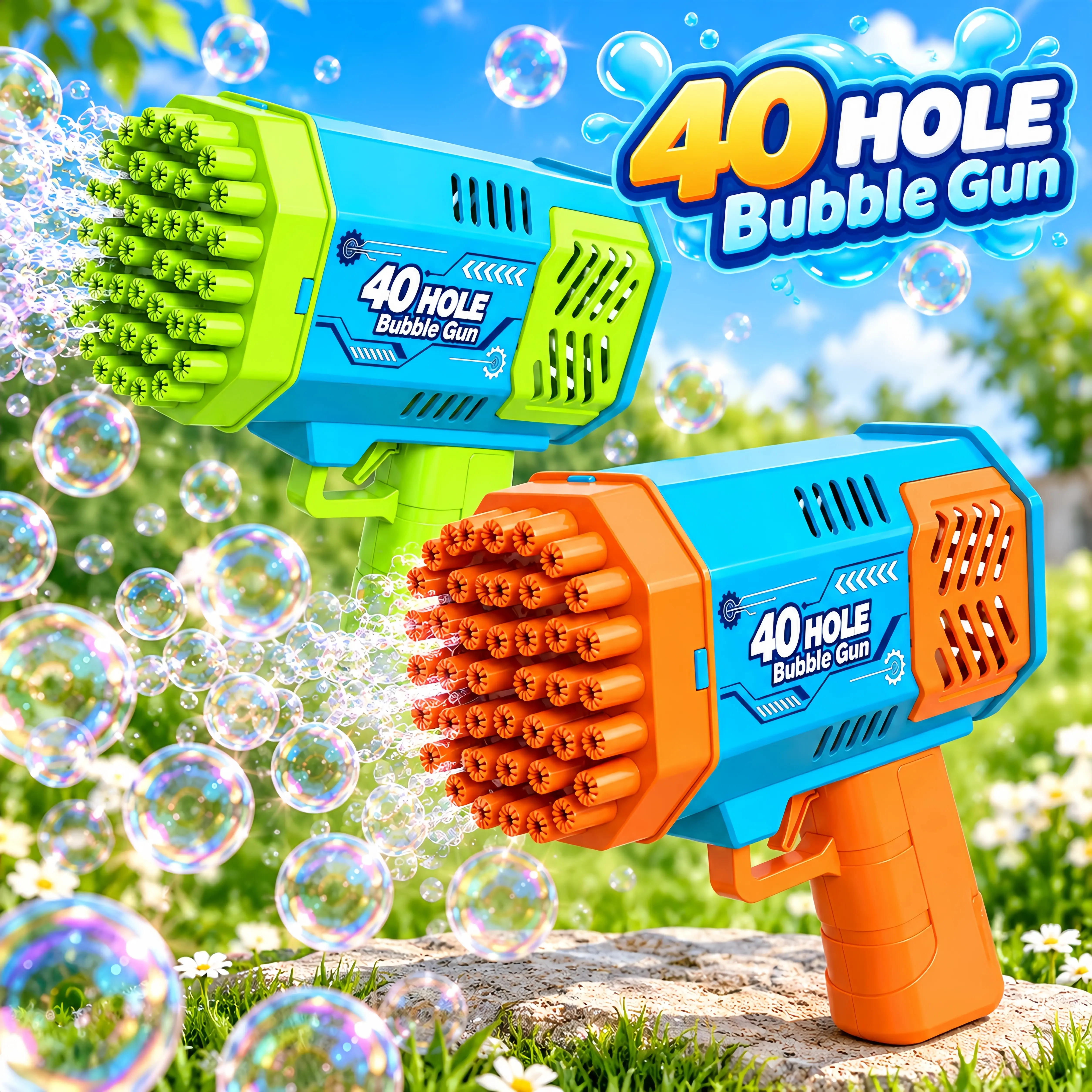 40-Hole Battery-Powered Handheld Automatic Bubble Gun Blaster Toy - ABS Bubble Machine, Bright Vibrant Colors, Large Output, AA-Powered, Toys for Boys 3+ Summer Outdoor Party Favors