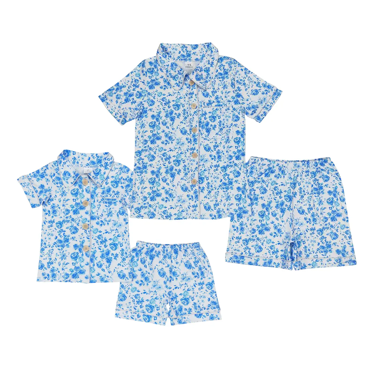 Matching Sets - Mom and Me 2-Piece Set Kids Blue Floral Short Sleeve Pajama Set - Soft Button-Up Top & Shorts, Comfortable Summer Sleepwear for Girls