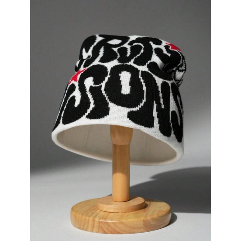 Men’s Letter Jacquard Spider Web Knit Hat Street Style Warm Beanie for Fall and Winter Fashionable Casual Winter Headwear