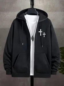 Tiktok Trendy Print Zip Hoodie Long Sleeve, Cross Print Loose Hooded Sweatshirt, Casual Fitted Aesthetic Style for Fall & Winter, Daily & Home Comfort Wear