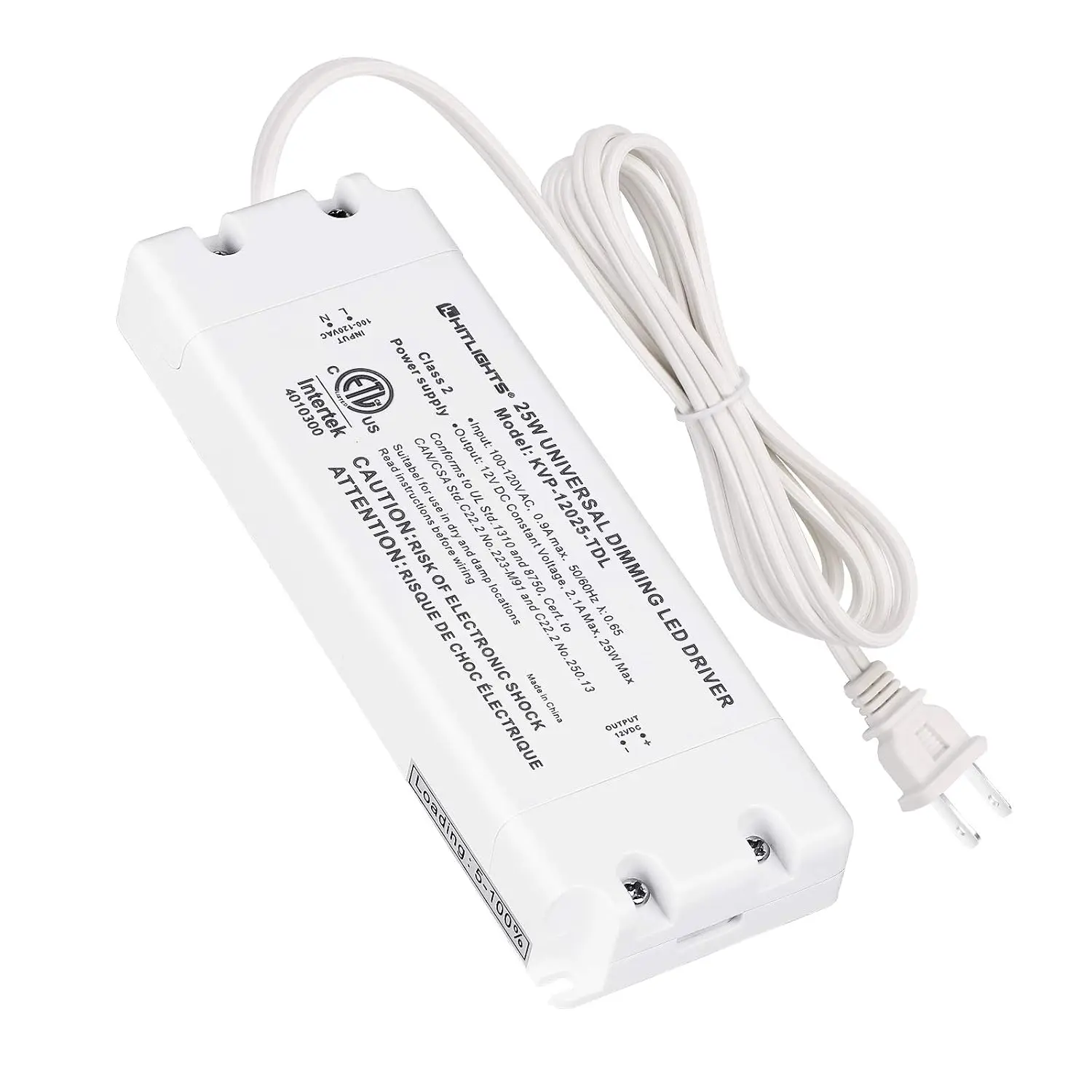 25W Dimmable LED Driver, 120VAC to 12VDC Transformer, ETL Listed