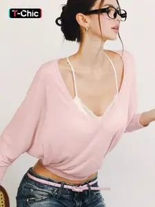 Women's Solid Color Sheer V Neck Long Sleeve Loose-fit T-shirt Top, Sexy See Through Strapless Plain Blouse, Party Club Date Holiday Casual Crop Top, Ladies Spring Fall Winter Elegant Daily Tees Clothes Wear, Basic