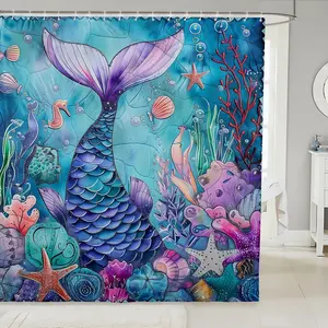 Mermaid Tail  Shower Curtain,Mermaid Fish Scale Shower Curtain,Ocean Life Curtains,Vintage Bathroom Accessories,72" Wx72" L Inches Washable