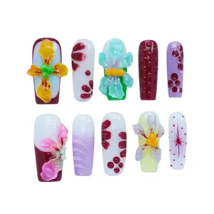 10PCS 3D Square Collections  Reusable Handmade Press-On Nails – Acrylic REUSABLE 3D Gel Summer 2025/Prom