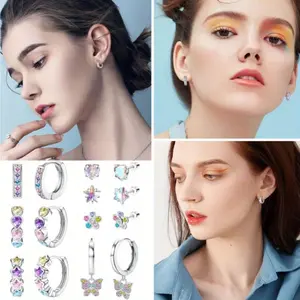 7 Pairs Hypoallergenic Silver Huggie Hoop Earrings for Girls Women Small Surgical Steel Screwback Earrings Cute Dangling Earrings Pink Colorful CZ Screw Back Stud Earrings Set for Sensitive Ears