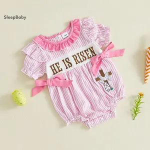Baby Girl Easter Outfits Short Sleeve Letter Cross Embroidery Romper With Headband Set Newborn Clothes Ruffle Short Sleeve Baby Girl Romper