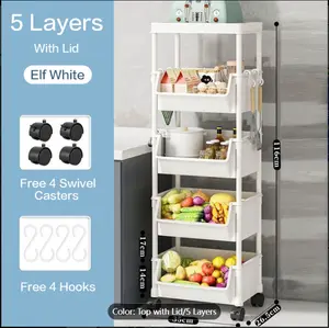 1pc 5-Tier Plastic Storage Rack, Heavy-Duty Multifunctional Organizer with 5 Layers & Hooks, Space-Saving Floor-Standing Shelf for Kitchen, Entryway, Home