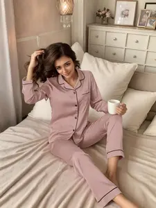 Women's Satin Pajama Set, Hollow Out Long Sleeves Blouse & Loose Pants, Soft Comfortable Sleepwear, Elegant Ladies' Homewear, Spring & Fall