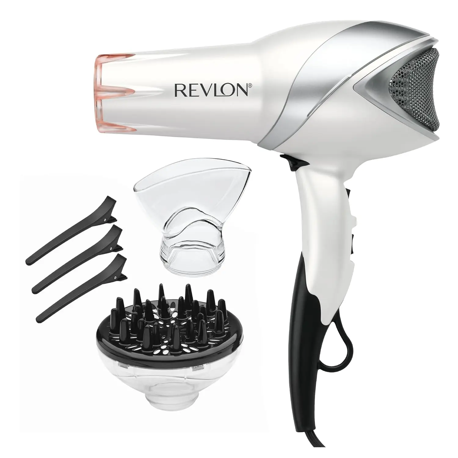 REVLON Infrared Ionic Hair Dryer with Diffuser & Concentrator, White | 2 Speed Settings, Tourmaline Technology for Frizz Control, 1875 Watt Power for Fast Drying, Suitable for All Hair Types