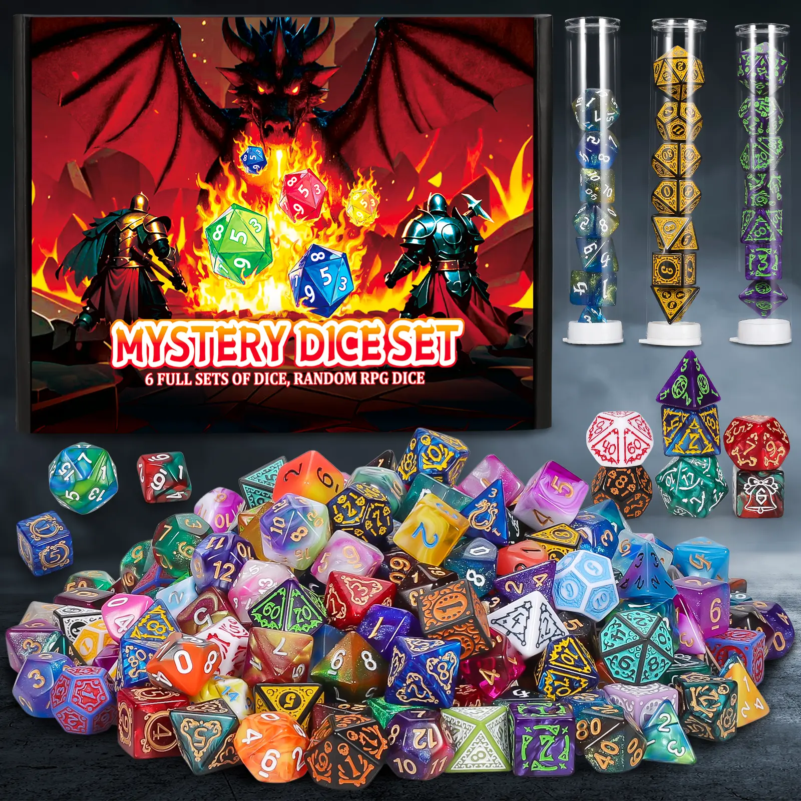 CIARAQ Mystery Polyhedral Dice Kit - 42 Polyhedral Pieces, 6 Display Tubes, 6 Random Pattern Boxes, Random Styles | Gifts for Dungeons and Dragons Table Parties, MTG Enthusiasts & Role-Playing Sessions (Ages 14+)
