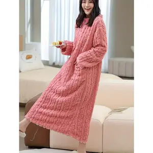 Cozy Plus-Size Coral Fleece Long Nightgown for Women - Warm, Thick Winter Sleepwear with Pockets & Belt
