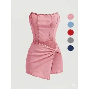 Women's Denim Halter Dress, Twisted Front Asymmetrical Mini Skirt, Casual Summer Fashion, Perfect for Daily WearRAIMENTRY