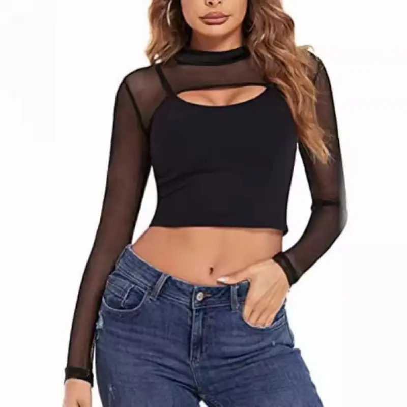 Sexy see-through top, ultra-short T-shirt, see-through half-high collar, long-sleeved black transparent T-shirt for women