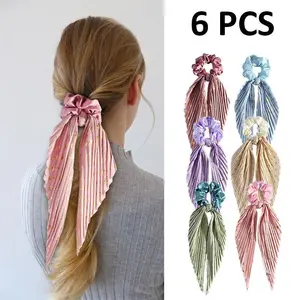 6 Pcs Satin Pleated Hair Scarf Scrunchies, Gold Foil Dot Bow Hair Ties, No Damage Elastic Ponytail Holders for Women Girls Daily Party