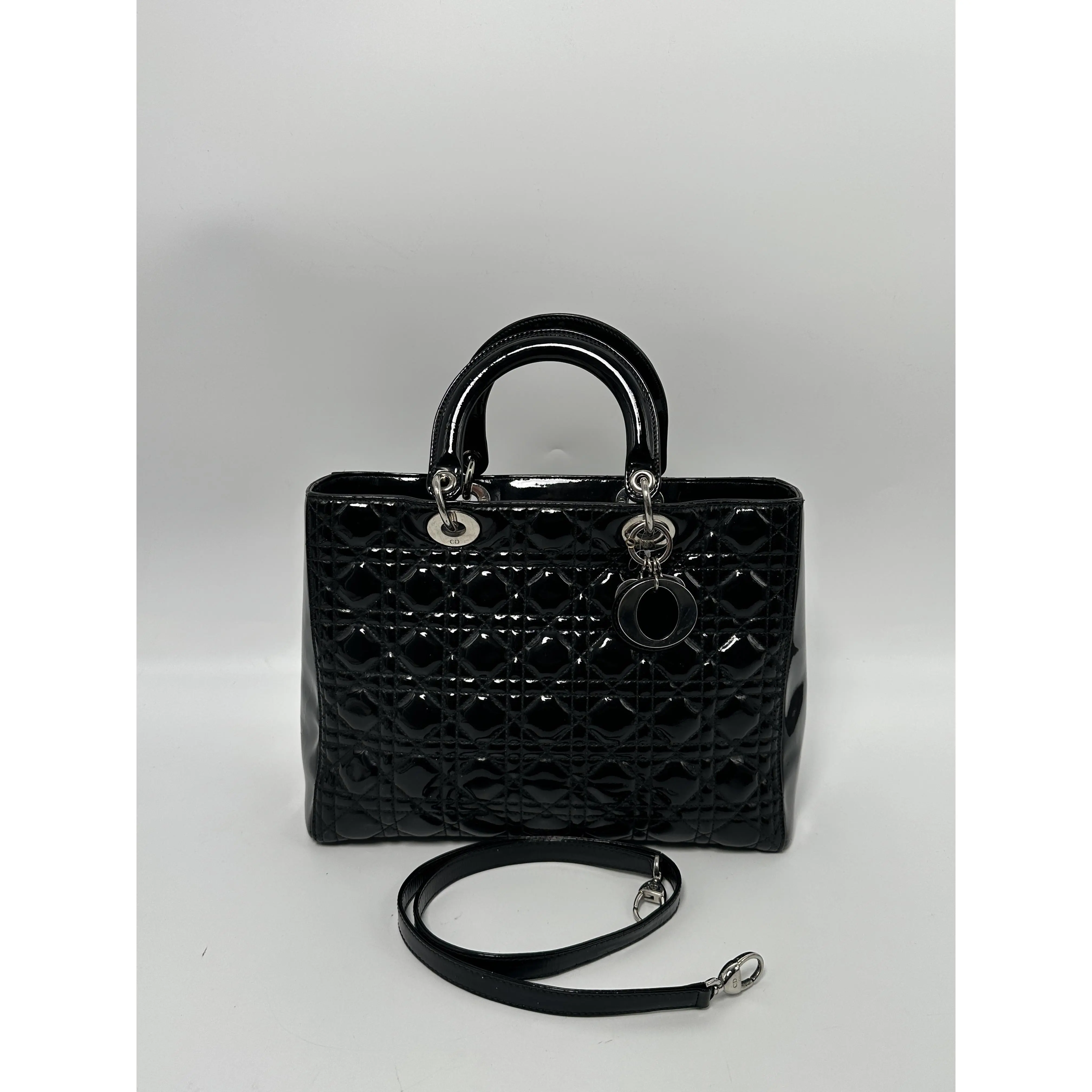 Pre-owned Dior Leather Shoulder Bags Christian Large Patent Cannage Lady Shoulder Bag Top Handle Handbag ZS001DR