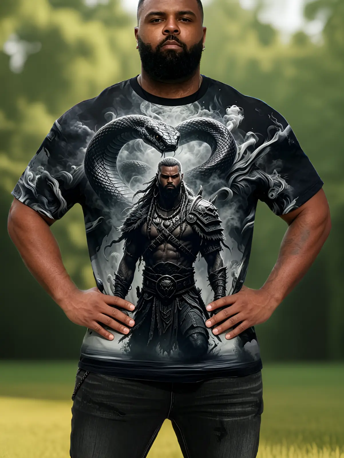 [Printed Design-NotTextured] Men's Plus-size Short-sleeve T-shirt with Dark Warrior Python Print, Hardcore Mythological Style, Suitable for Individualistic Fashion, PLUS SIZE