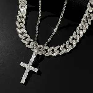 Moissanite Cross Pendant Necklace, 925 Sterling Silver, Sparkling D Color Gemstone for Tennis Chain,Men Women Hip Hop Zircon Cross Pendant Necklace with Cuban Chain HipHop Iced Out Bling Hiphop Necklaces Fashion Jewelry,cuban link chain necklace