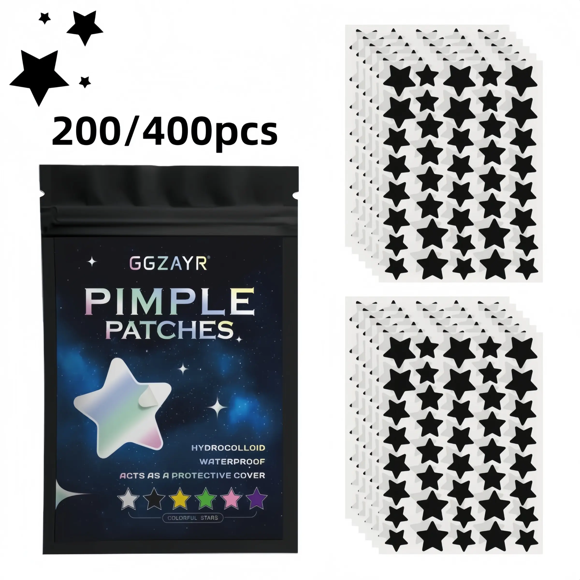 200/400pcs Black Star Hydrocolloid Acne Patches, Acne Clearing Products, with Salicylic Acid, Tea Tree & Calendula Extracts, Ultra-Thin & Breathable, Multi-Size Mix, Suitable for All Skin Types, Day & Night Use
