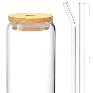 Custom Glass Cups 16 oz Drinking Glass Cup Sets with Bamboo Lid Glass Straws & Cleaning Brushes Food Grade Crystal Clear Dishwasher Safe Tumbler Drinkware