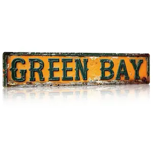 Vintage Rustic GREEN BAY Aluminum Street Sign - 4x16in Retro Football Fan Wall Decor 2D Flat for Man Cave, Garage & Home
