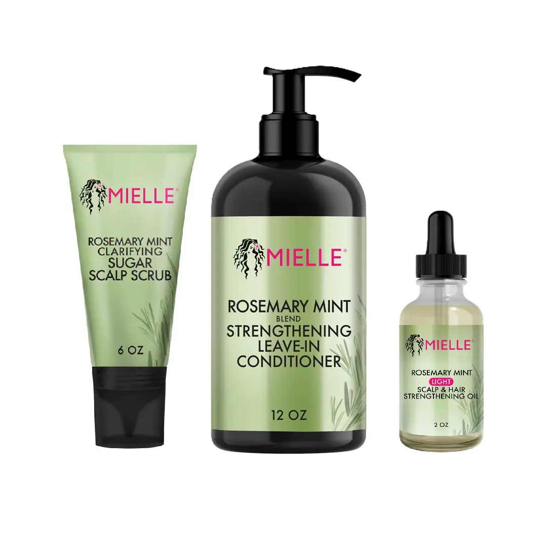 Mielle Rosemary Mint Hair Strengthening Starter Kit with a clarifying sugar scalp scrub, strengthening leave-in conditioner, and light scalp & hair strengthening oil