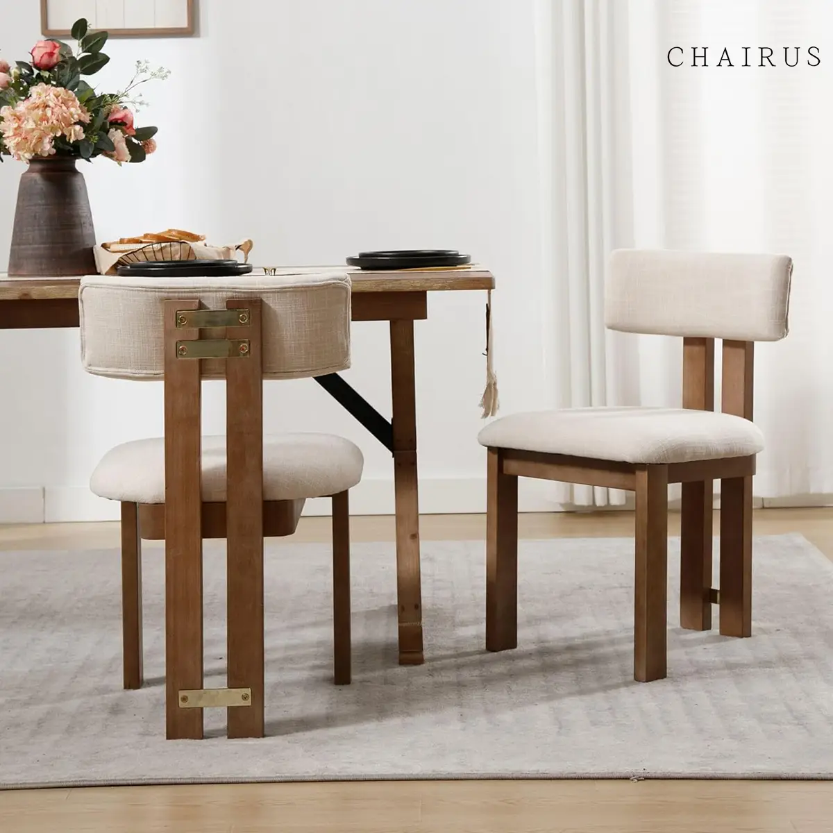 CHAIRUS Modern Farmhouse Linen Dining Chairs Set of 2, Beige Fabric Upholstered Dining Room Kitchen Chairs with Curved Backrest and Natural Wood Legs,