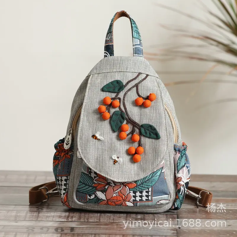 3D Berry Appliqué Canvas Backpack with Bee Embroidery & Retro Floral Patchwork | Vintage Casual Daypack with Anti-Theft Back Pocket | Lightweight Travel Rucksack for Artistic Outings