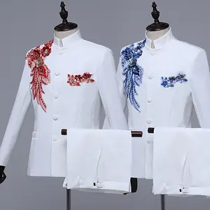 Slim Fit Men's Dress Suit Set Zhongshan Suit Applique White Banquet Chinese Style Performance Dress Retro Ethnic Style Men Zhongshan Suit